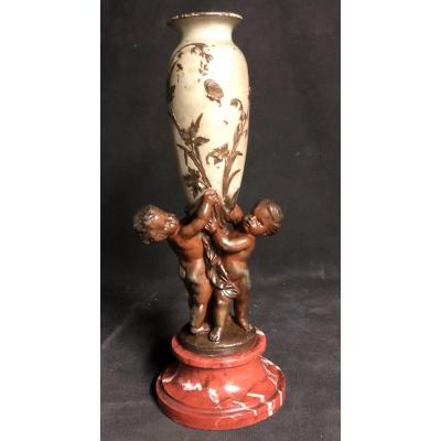 Charming Flower Girl / Vase Mounted XIXth 2 Putti Supporting An Amphora