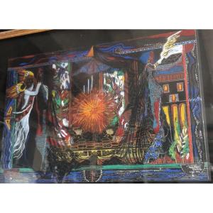 Shahla Moazzezi XXth Iranian Artist Large Pastel Persian Poetry And Persian Tradition