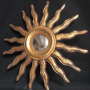 Sorciere Sun Mirror 47.5 Cm In Curved Gilded Wood And Deforming Witch Curiosity