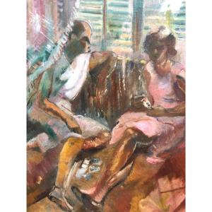 Marguerite Barthelemy XXth Large Oil The Party Of Cards Young Women