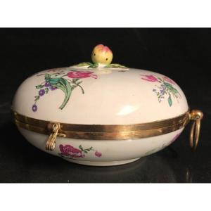Gien XIXth Fine Earthenware Candy Box Mounted In Brass Signed And Very Good Condition