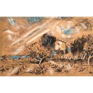 Martin Vives 1905-1991 Lithograph And Pastel Perpignan 1952 Vivès Roussilllon