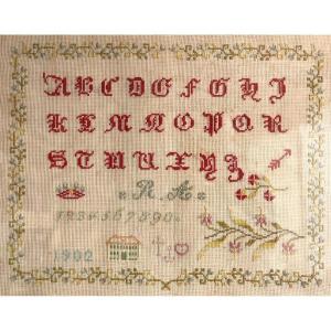 Charming Embroidered Alphabet From 1902 Framed