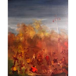 Roger Comte 1913-2006 Oil Dance And Mat De Cocagne Artist Franc Comtois Museum In Hérimoncourt