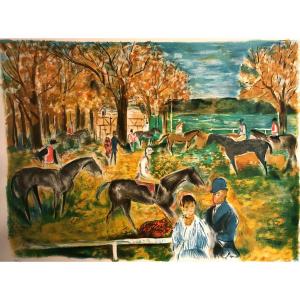 Emile Grau Sala 1911-1975 Aux Courses Large Lithograph Le Paddock Racehorses