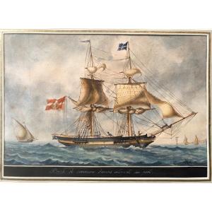 Auguste Muterse 1809-1878 Large Watercolor XIX Brick Danois Marine Denmark Boat