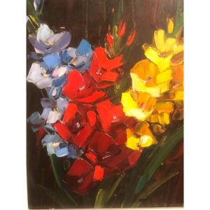 Elie Bernadac 1913- Nice 1999 Oil On Wood Gladioli Martigues