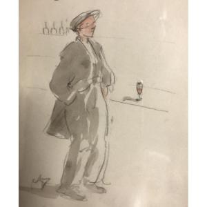 Auguste Vuillemont 1883-1970 Drawing + Watercolor Pub Bar 1/3
