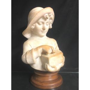 Mansuetto Luisso 1832-1904 La Piggy Bank 48 Cm Large Swivel Alabaster Sculpture On Its Base