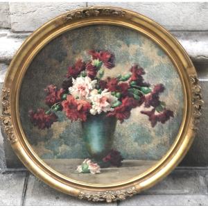 Charles Seitte Lyon 19th-20th Important Watercolor Carnations 81 Cm Dlg Filliard