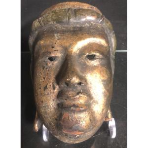 China Old Mask In Lacquered And Gilded Wood Signed
