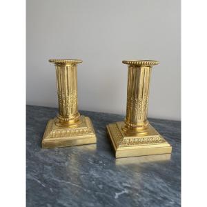Pair Of Small Gilt Bronze Candlesticks In The Louis XVI Style, Stamped 