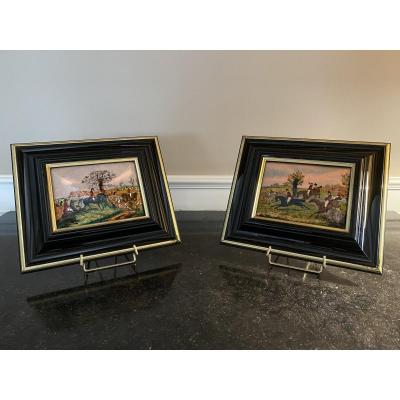Pair Of Enamel Paintings On Hunting Subject