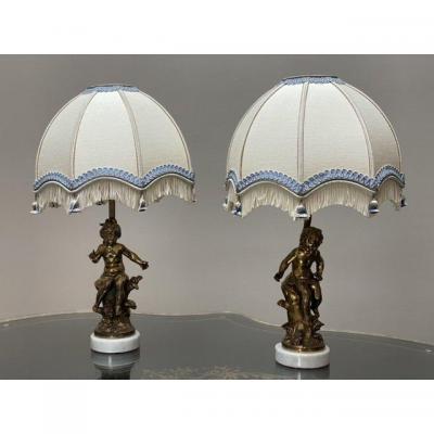 Pair Of Lamps Signed Lf.moreau
