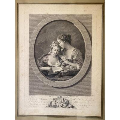 Gravure « la Confidence » D’après F.boucher Gravée Par Miger XVIIIeme