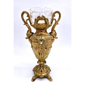 Gilded Metal Soliflore Decorated With Dolphins And Crystal Vase