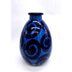 Primavera : Large Blue Vase With Swirl Decoration Signed Vfs