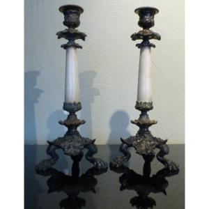 Candlesticks (pair In Bronze And Marble)