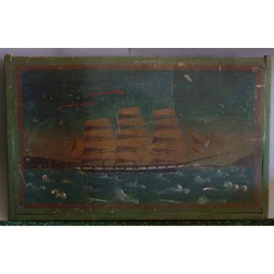 Painted Top Of A Sailor Chest / Folk Art XIXth