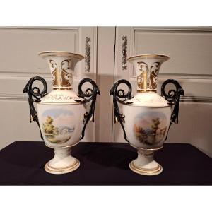 Pair Of Paris Porcelain Baluster Vases From The Napoleon III Period.