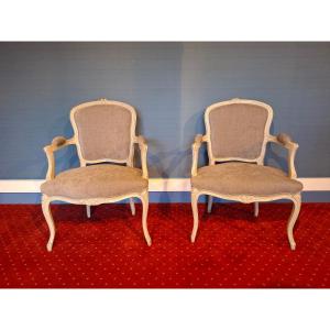 Pair Of Louis XV Style Cabriolet Armchairs In Rechampi Wood, Late 19th Century