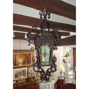 19th-century Wrought-iron Lantern With Leaded Stained-glass Windows.