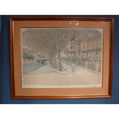 Engraving Quai De Seine In Paris.