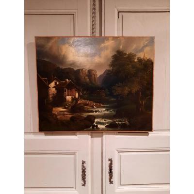 Tableau Représentant Un Paysage Et Deux Lavandières Signé A Henri, d'époque 19ième Siècle.