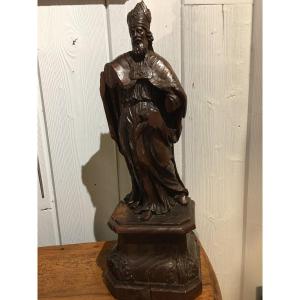 Sculpture Of A Saint Bishop In Natural Wood, 17th Century
