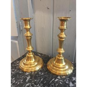 Pair Of Gilt Bronze Candlesticks From The L.14th Century