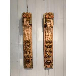 Pair Of Carved Wooden Elements Decorated With Putti, 17th Century
