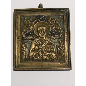 Small Russian Travel Icon , Enameled Bronze , Saint Nicolas