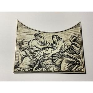 Engraved Ivory Plate, 2 Characters And Celestial Globe, 19th Century .