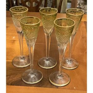 5 Antique Cut Crystal Liqueur Glasses Decorated With Gold. Moser? Saint Louis?