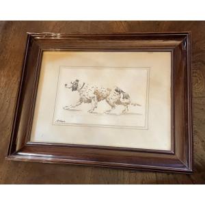 Small Watercolor Of A Pointing Dog, English Setter, Painter A. De Namur