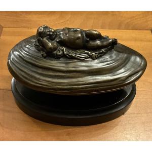 Sleeping Cupid, Trinket Tray, Bronze On A Black Marble Base. Napoleon III Period