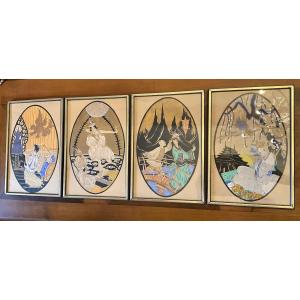 E. Borne, Series Of 4 Art Deco Period Stencils, Oriental Scenes (china, Japan)