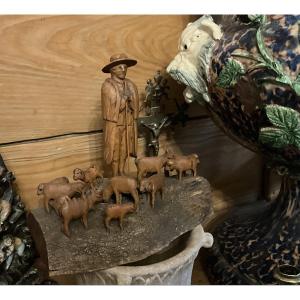 Provençal Boxwood Sculpture, A Shepherd And His Flock, 19th Century.
