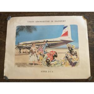 Old Vintage Poster Union Aéromaritime De Transport - 1950s Dc-6