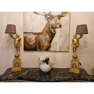 Pair Of Large Empire Lamp In Gilt Bronze, 19th C