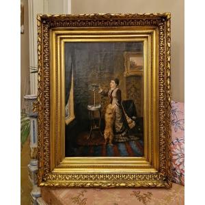 Oil On Canvas, Interior Scene, Woman With Parrot