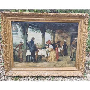 Oil On Canvas Depicting A Scene Of Daily Life, 19th Century 