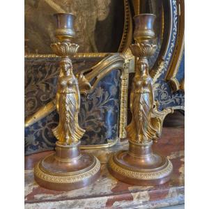 Pair Of Bronze Candlesticks, Caryatid 