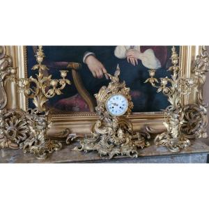 Napoleon III Bronze Mantelpiece Set With Bird And Nest Decoration 