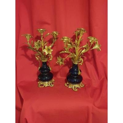 Pair Of Blue Porcelain Candelabra And Gilt Bronze XIXth S