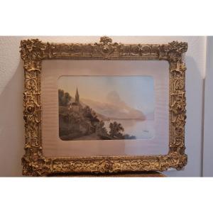 XIX Th S, Gouache, Village On The Edge Of A Mountain Lake