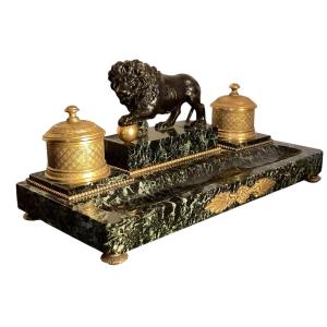 Empire Style Inkwell, Marble And Gilt Bronze. “lion”.