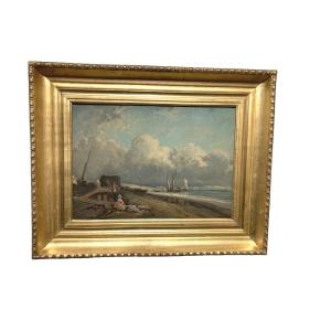 Arnold. Oil On Canvas. Marine.children On The Strike & Sailboats. Signed Lower Left. Around 1880