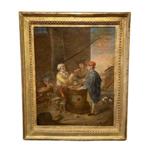 Tavern Scene. The Three Friends. Oil On Canvas. Louis XVI Frame . End Of XVIII° Century