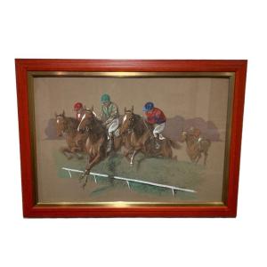 Pechaubes Eugene (1890-1967). Horses Race. Jumping Hurdles. Watercolor Pastel On Paper.